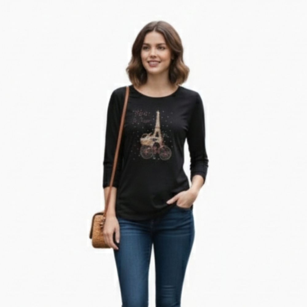 Retrology Paris Je T'aime Eiffel Tower Bicycle Top Black Size M/M